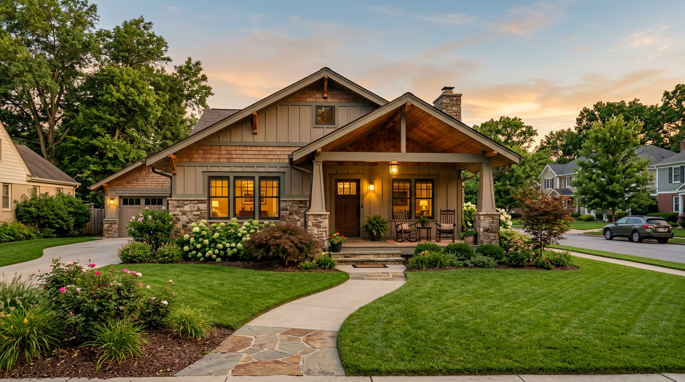 A welcoming home with a covered front porch in warm evening light