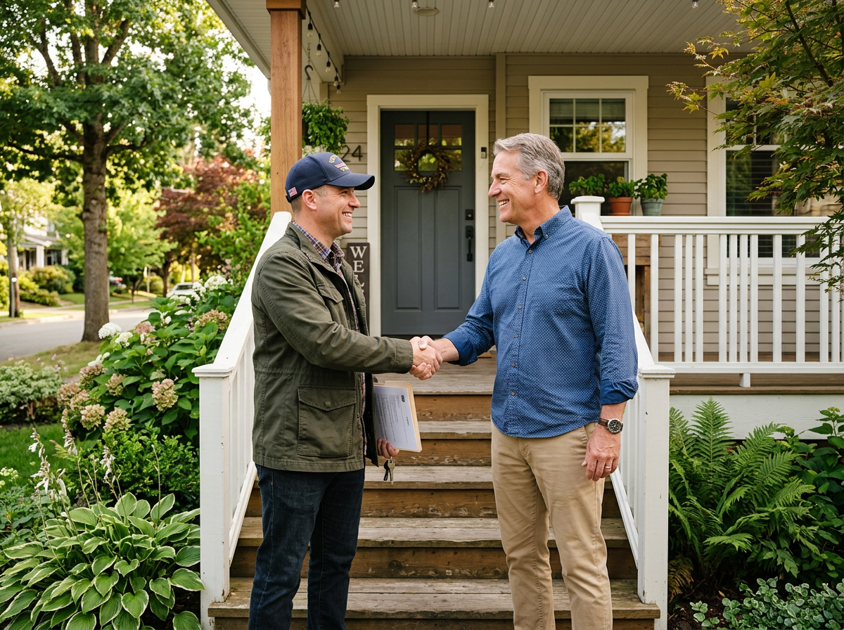 A landlord shaking hands with a veteran on the front steps of a home